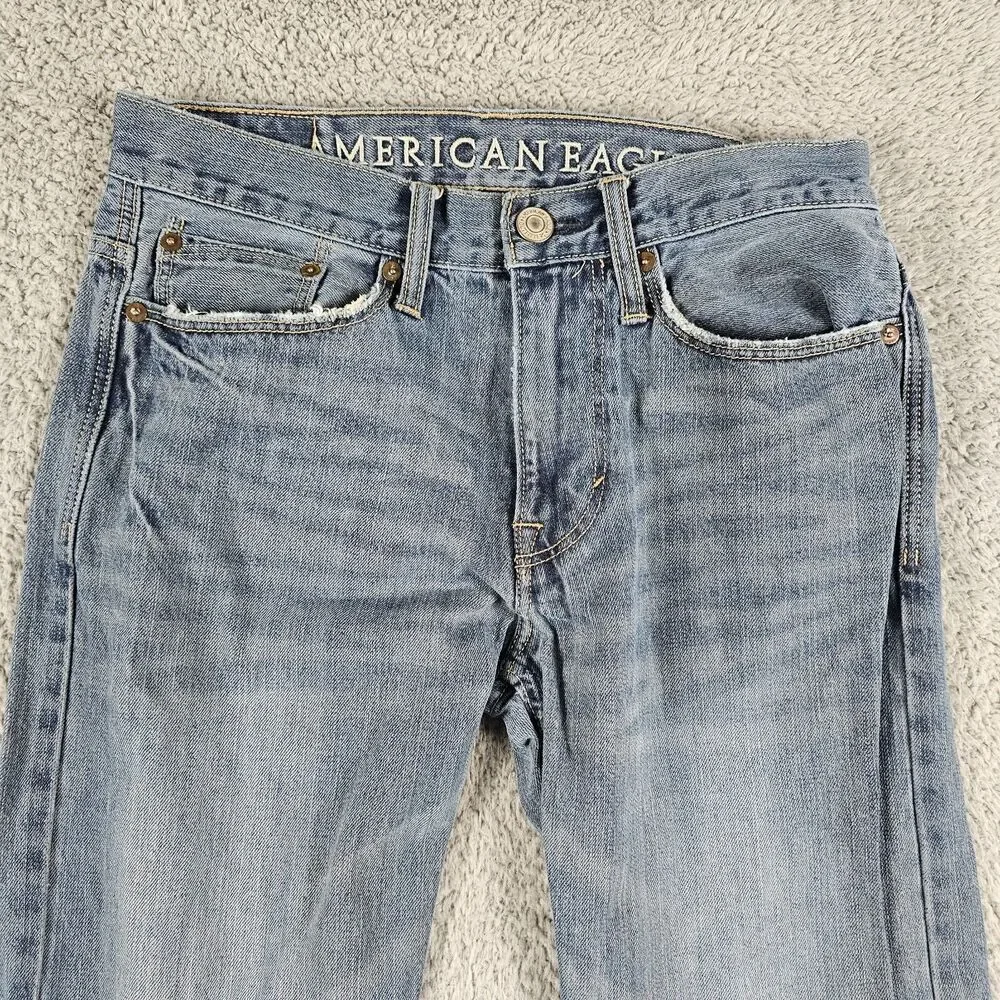 American Eagle Jeans Mens 30x28 Relaxed Straight Distressed Whiskering Faded